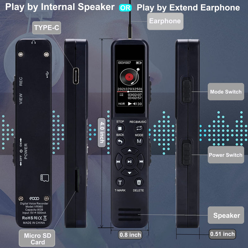 Digital Voice Recorder,Voice Activated Recorder with Playback - Upgraded Small Tape Sound Recorder for Lectures, Meetings, Interviews, 8GB Internal Memory with 32GB TF Card