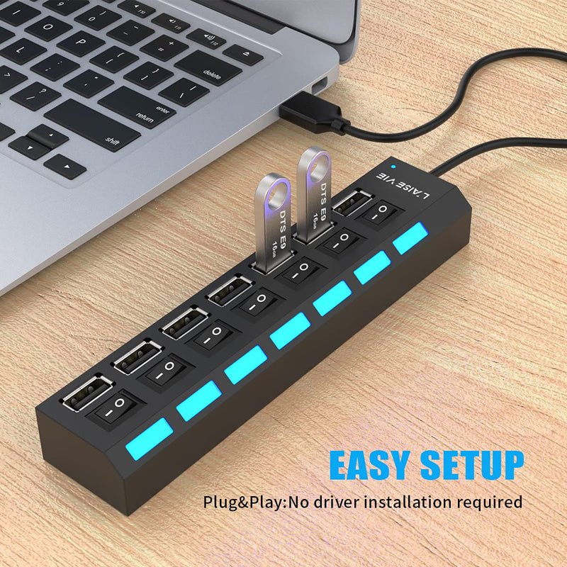Multi Port USB Splitter, 7 in 1 USB 2.0 Hub with High Speed Individual ON/Off Switches with LEDs