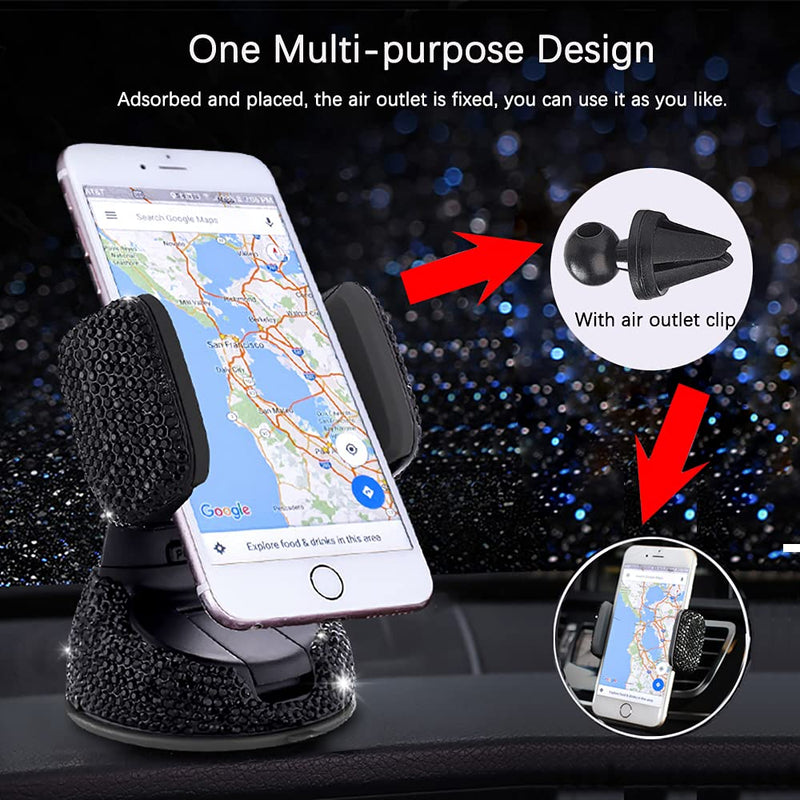 Bling Car Phone Holder, SUNCARACCL 360°Adjustable Crystal Auto Phone Mount Universal Rhinestone Car Stand Phone Holder Car Accessories for Windshield Dashboard and Air Outlet (Black) Black