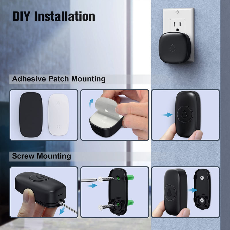 SECRUI Wireless Doorbell with 2 Receivers, Waterproof Mini Doorbell 1,000ft Range 110dB Mute Mode 58 Door Chimes & Colorful LED Flashing - Black 1 Push Button 2 Receivers