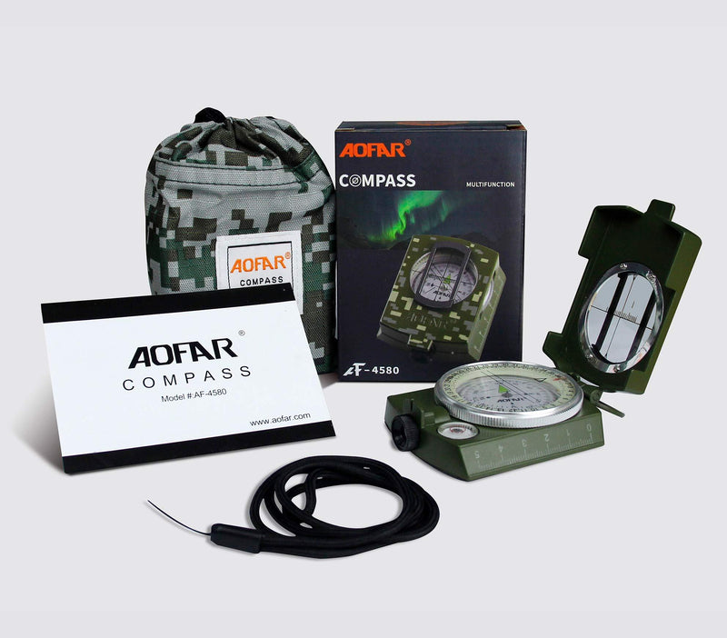 AOFAR Military Compass,AF-4580 Lensatic Sighting, Waterproof and Shakeproof with Map Measurer Distance Calculator, Pouch for Camping, Hiking Camouflage