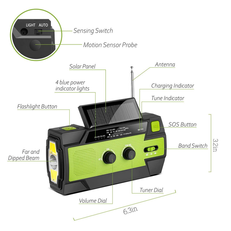 Emergency-Radio,Puiuisoul 4000mAh Weather Radios with Hand Crank & Solar Charging,3 Gear LED Flashlight,SOS Alarm, Portable Power Bank,AM/FM/NOAA,Motion Sensor Reading Lamp Green 4000 mAh