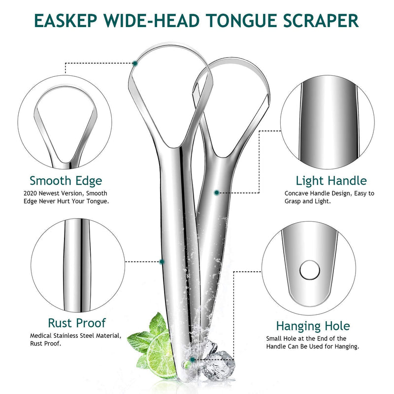 2Pack Tongue Scraper Cleaner for Adults - Easkep Fights Bad Breath 100% Stainless Steel Tongue Scrapers Cleaners with Travel Case Professional Tongue Cleaners for Adults Men Women Kids