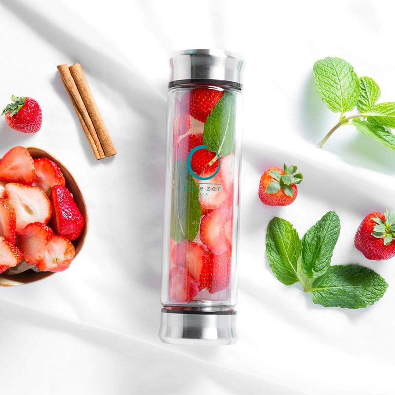 Pure Zen Tea Tumbler with Infuser - BPA Free Double Wall Glass Travel Tea Mug with Stainless Steel Filter - Leakproof Tea Bottle with Strainer for Loose Leaf Tea and Fruit Water 13 Ounce