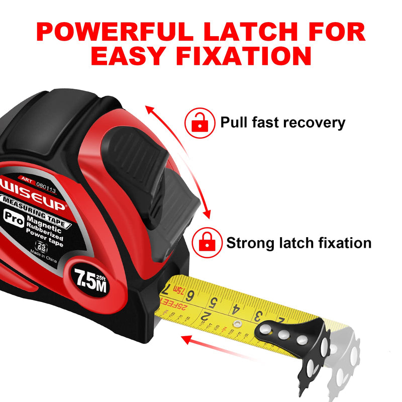 WISEUP tape measure 5m, metric and English standard tape measure, magnetic self-locking tape measure 5m, anti-fall ABS shell, with strap clip, carpenter tool measuring & planning tools