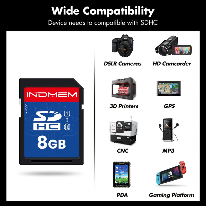 INDMEM SD Card 8GB 2 Pack UHS-I U1 Class 10 8G SDHC Flash Memory Card Compatible with Digital Camera, Computer, Trail Cameras 2Pcs