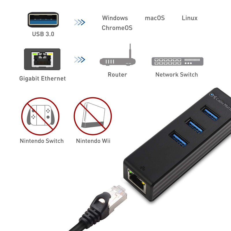 Cable Matters 3 Port USB 3.0 Hub with Ethernet (USB Hub with Ethernet, Gigabit Ethernet USB Hub ) Supporting 10/100/1000 Mbps Ethernet Network in Black