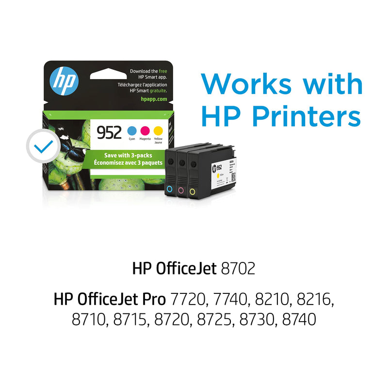 Original HP 952 Cyan, Magenta, Yellow Ink Cartridges (3-pack) | Works with HP OfficeJet 8702, HP OfficeJet Pro 7720, 7740, 8210, 8710, 8720, 8730, 8740 Series | Eligible for Instant Ink | N9K27AN Multipack