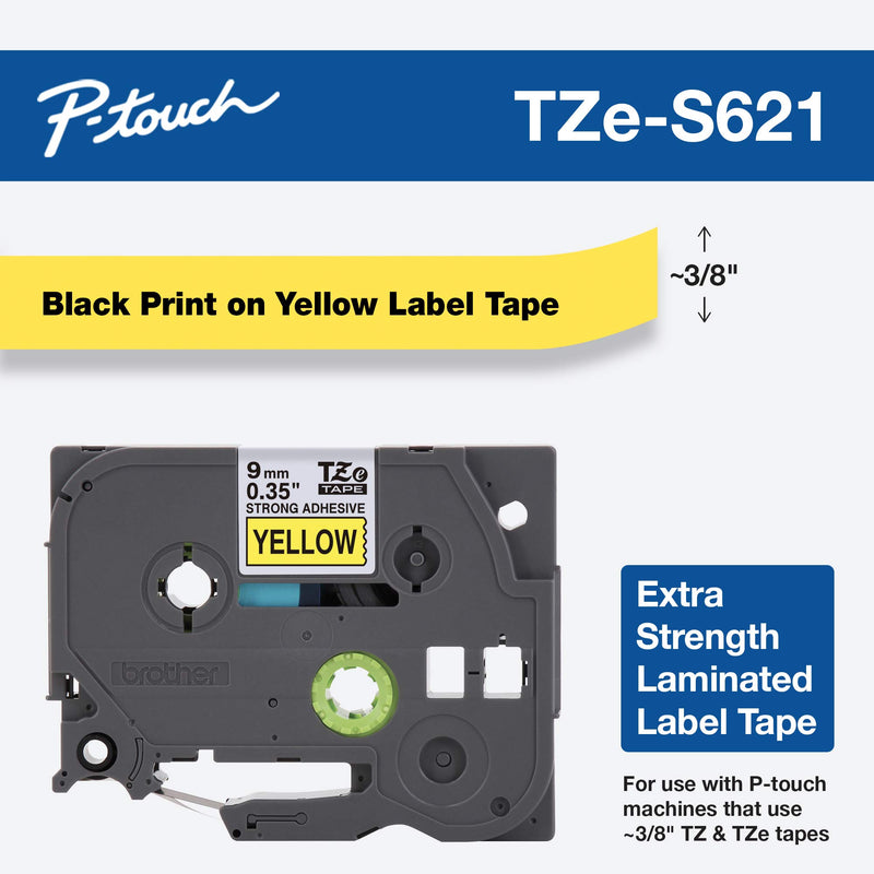 Brother Tape, Retail Packaging, 3/8 Inch, Black on Yellow (TZeS621) - Retail Packaging