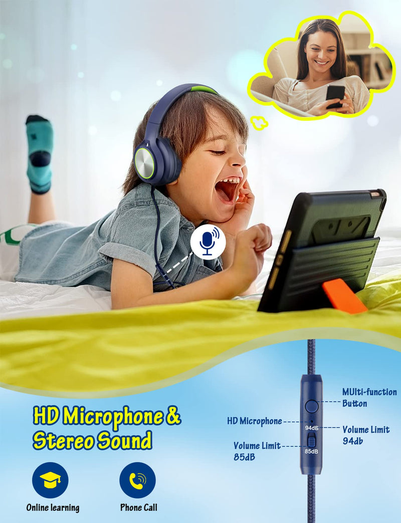 Kids Headphones with Microphone, Wired Over Ear Headsets with Limited Volume 85dB/ 94dB for Boys Girls Teens Children Online School/Travel/iPad/Tablet/Cellphone Blue