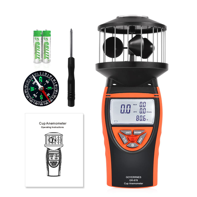 Handheld Anemometer, GR-878 Digital Anemometer Shows Wind Temperature, Air Volume, Wind Speed/Direction with LCD Backlight and Compass for HVAC Weather Monitoring