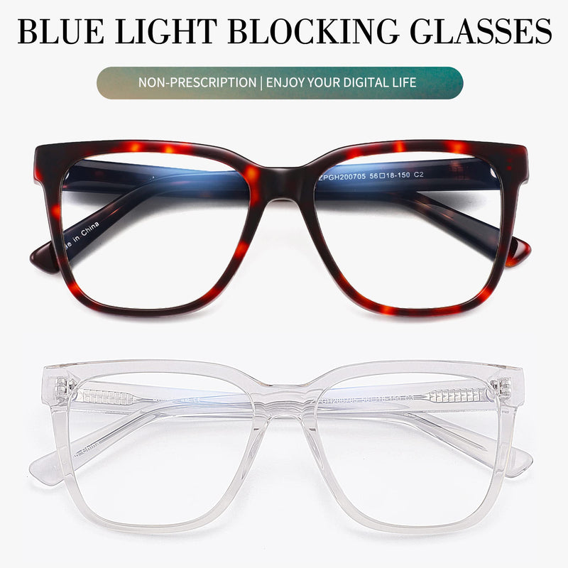 JIM HALO 2 Pack Anti Blue Light Glasses for Women Men, Oversized Square Computer/Gaming/TV/Phones Glasses Bluelight Blocking Demi + Transparent