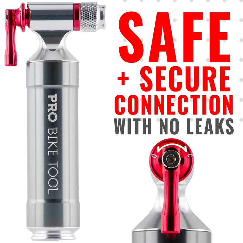 PRO BIKE TOOL CO2 Inflator with Cartridge Storage Canister - Quick, Easy and Safe - for Presta and Schrader - Bicycle Tire Pump for Road and Mountain Bikes - No CO2 Cartridges Included Titanium / Red