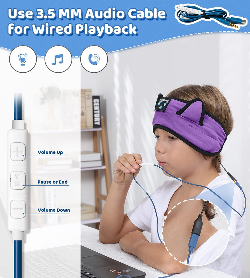 Kids Bluetooth Headphones, KIDSBAND Sleep Headband [Wireless & Wired Palyback 2in1] Wired with Microphone Headphones for Kids with Stereo Sound,Foldable Kids Headphones for School/Travel/Tablet/Sleep Purple