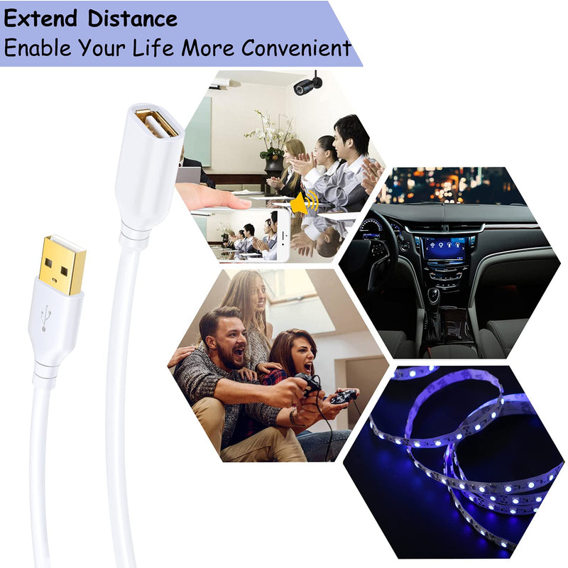 Costyle 2-Pack USB 2.0 10ft/3m USB Type A Male to A Female Extension Cord USB Cable Extender with Gold-Plated Connectors (White)