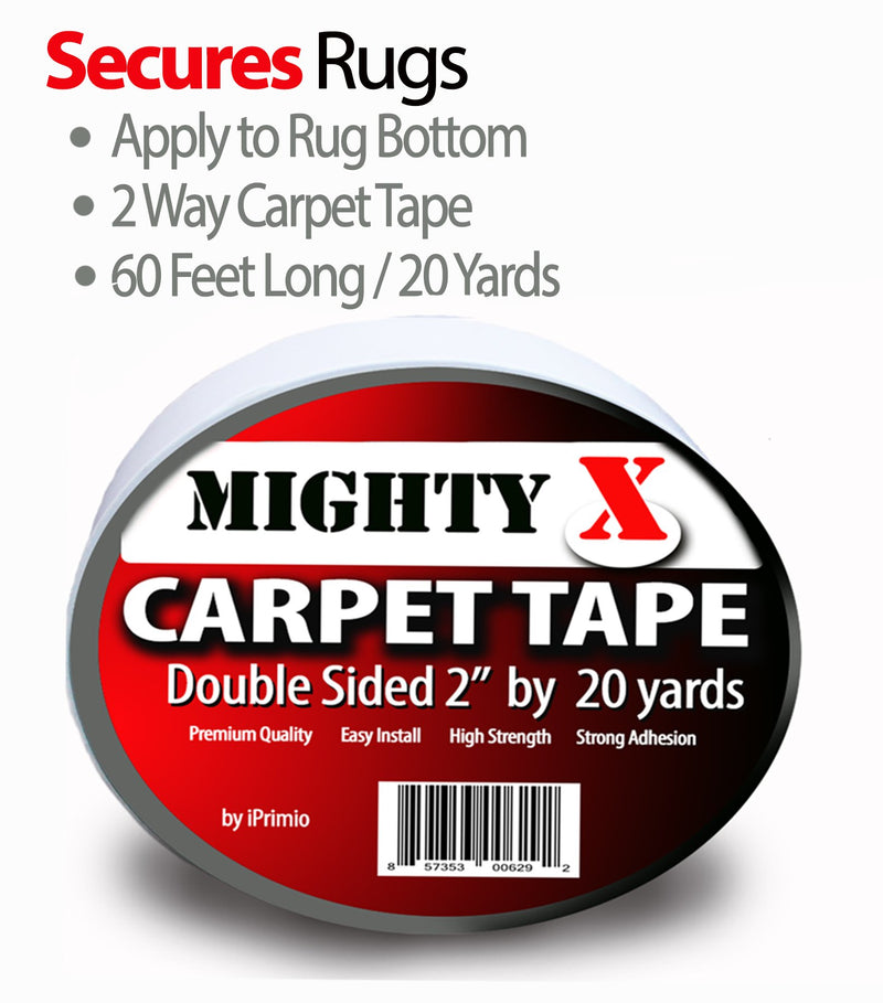 Mighty"X" Carpet Tape - Double Sided - 60 Feet x 2 Inches - Extra Thick - 20 Yards of Heavy Duty Tape - by iPrimio