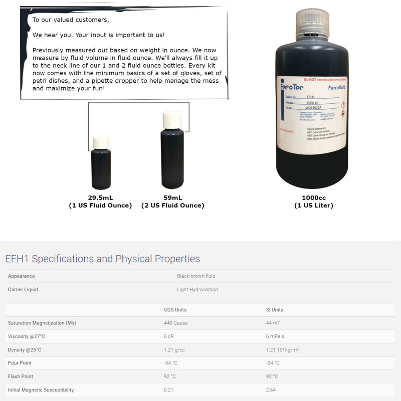 CMS MAGNETICS - (1oz Kit) Ferrofluid Science Experiment Kit for Education in Magnetism - Includes: 1 Fluid Ounce (29.5mL) Bottle of Ferrofluid, Gloves, Pipette, Petri Dishes 1 fluid oz (29.5mL) Basic Fluid Kit