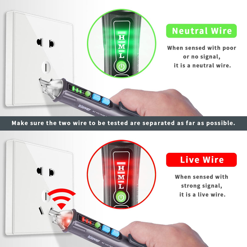 LETONNEY Non-Contact Voltage Tester Outlet Tester with LED Flashlight & Buzzer Alarm, Electrical Tester Pen with Dual Range AC 12V/48V-1000V Live/Null Wire Tester (Gray) Grey