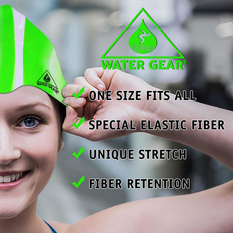 Water Gear Silicone Adult Swim Cap - Flexible Unisex Waterproof - Great for Short and Long Hair - Improve Your Performance - Women Men and Teens -Triathlon Swimmers and Athletes GREEN/WHITE