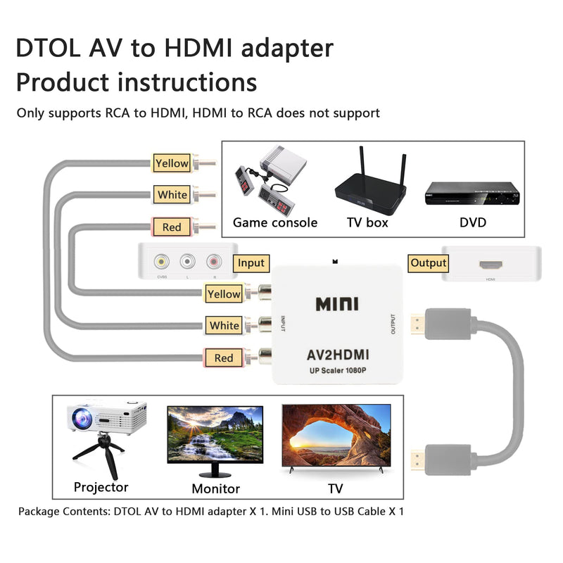 DTOL RCA to HDMI, AV to HDMI Converter, 1080P Mini RCA Composite CVBS Video Audio Adapter for PAL/NTSC TV/PC/ PS3/ STB/Xbox VHS/VCR/Blue-Ray DVD Player HDMI to RCA without CE