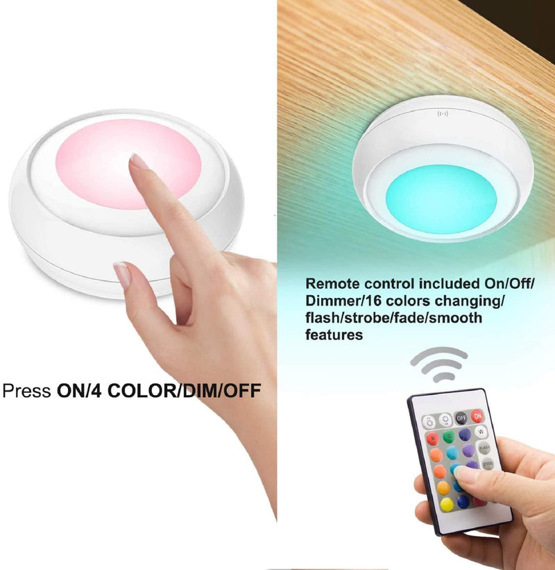 LUXSWAY Battery LED Color Puck Lights| Stick Up Push Lights with Remote| 16 Color Changing LED Fairy Lights| Wireless Tap Lights| Dimmable Under Cabinet Light| Battery Powered RGB Night Light -4Pack