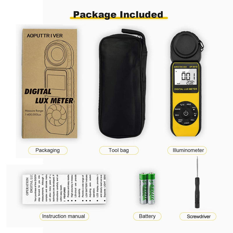 Light Meters 881D Digital Illuminance Meter Ambient Temperature Measurer with Range up to 400,000 Lux Luxmeter, Rotatable Head for 270 Degrees, Display 3999, Data Hold, Back Light, Data storag AP881D(0.01~400,000 Lux)