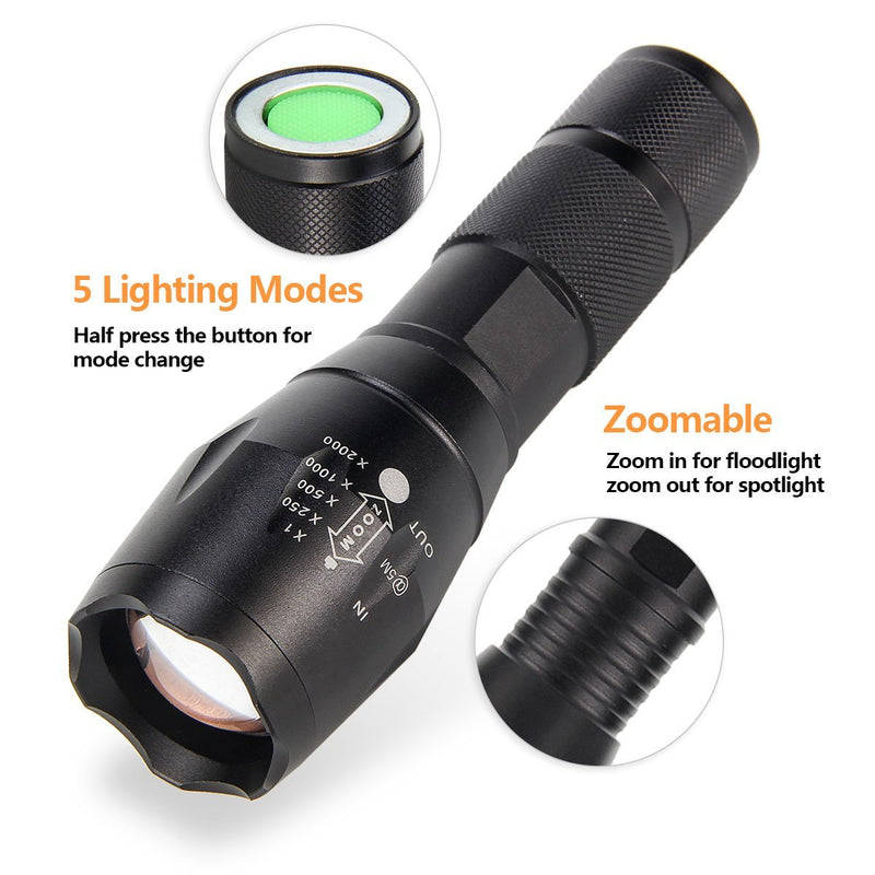 ULTRAFIRE A100 3-Color-Light Tactical 18650 Flashlight, xml-t6 800 Lumen Small led Torch, 2 Pack