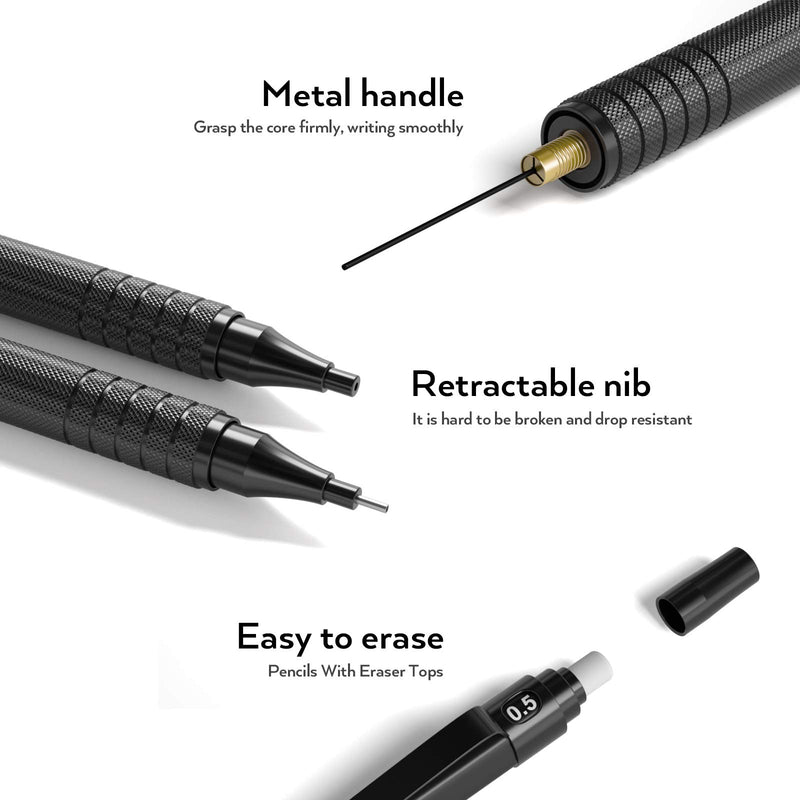 Nicpro Black Mechanical Pencils 0.5mm & 0.7 mm, Metal Lead Pencil Set with 4 Tubes HB Lead Refill And 2 Erasers For Writing Drafting, Drawing, Sketch -Come With Case