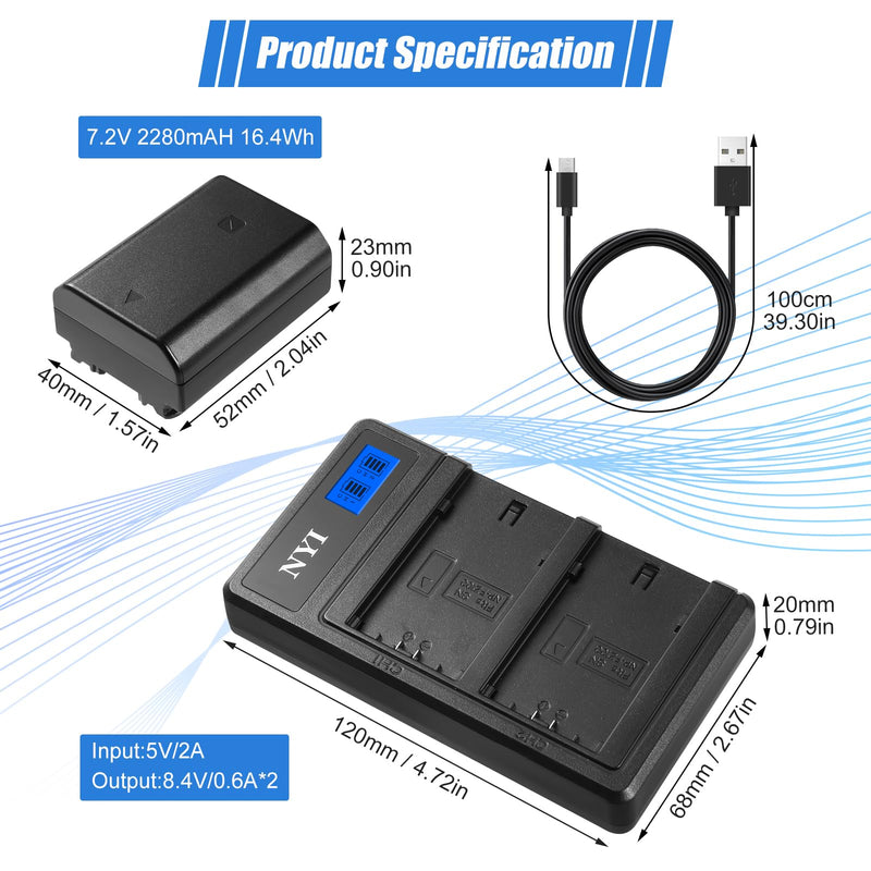 NYI NP-FZ100 Replacement Battery and Charger for Sony A7 III, A7R III, A7R IV,A1, A7C, A9 (ILCE-9), A9 II, A6600, A7S III, FX3 Digital Cameras,2 Pack 2280mAh 7.2V Batteries and Dual Fast Charger