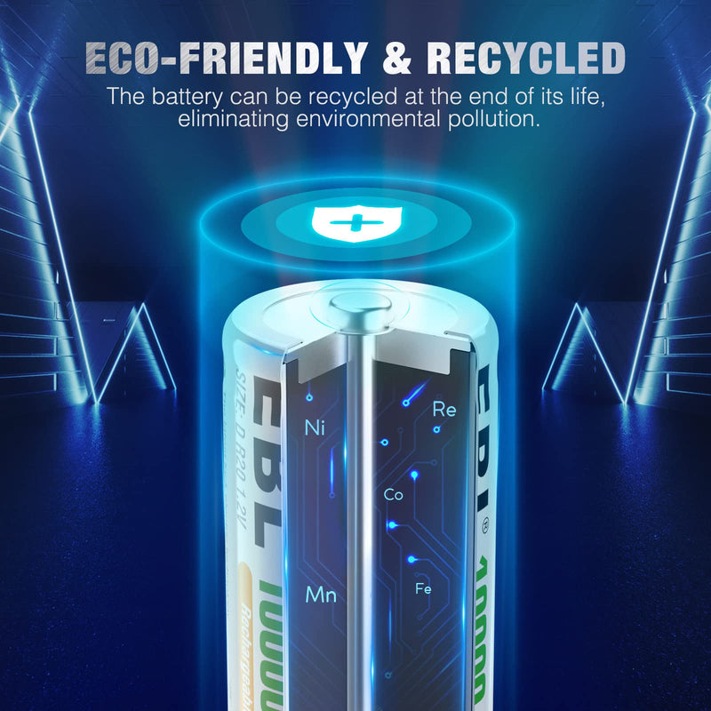 EBL D Cell Batteries 10,000mAh Ultra Pro Ni-MH Rechargeable D Batteries, 4-Pack 4Pack D