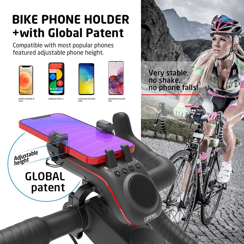 Bicycle Bluetooth Speaker, UPPEL Multifunctional Bike Speaker 10-in-1 LED Light Power Bank Bike Horn Microphone Ideal for Road & Mountain Bike - Extreme & Casual Cycling Black