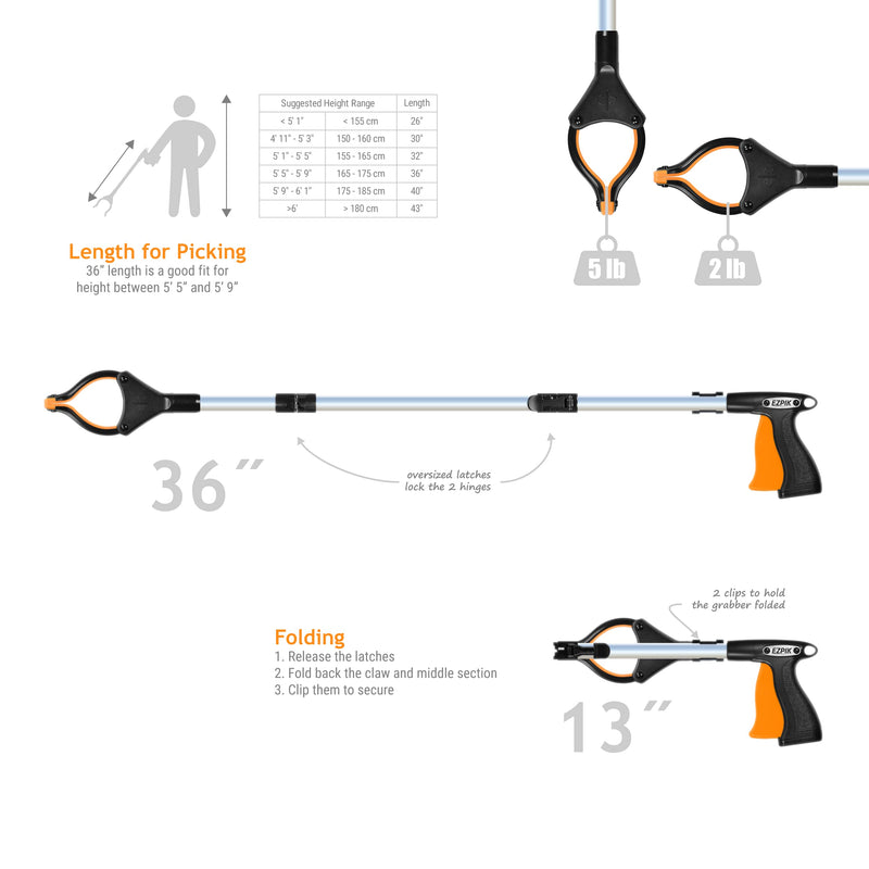 EZPIK Folding Grabber Tool for Elderly 36 Inch with Magnets - Rugged Reachers for Disabled & Seniors Heavy Duty - Rotating Grippers for Reaching Tight Places - Trash Grabbers and Pickers Heavy Duty 36 (L)
