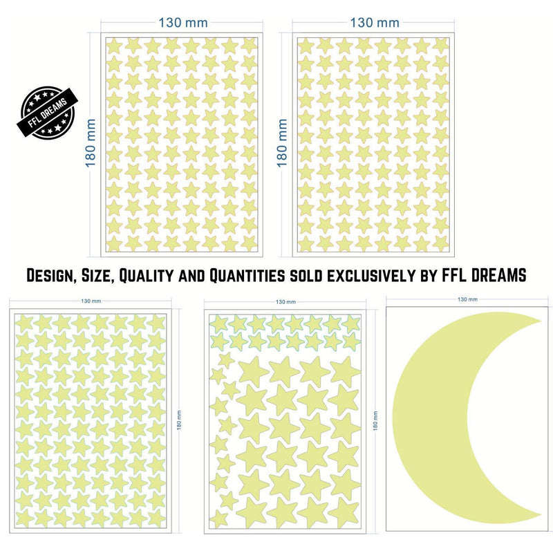 FFL DREAMS Glow in The Dark Stars and Moon, Realistic No Dots No Squares Set. 338 Star Shaped Stickers and Moon, Luminous Adhesives for Room, Wall, Bedroom, Light up Your Ceiling and Living Room