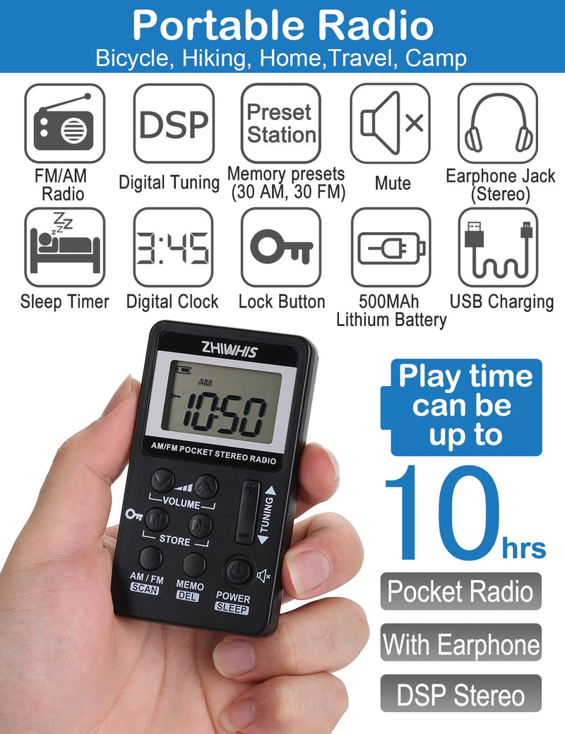 ZHIWHIS Portable Radio, AM FM Receiver with Sleep Timer, Rechargeable Stereo Radios with Digital Clock, DSP Tuner with Preset Function Pocket Walkmen for Walking Travel