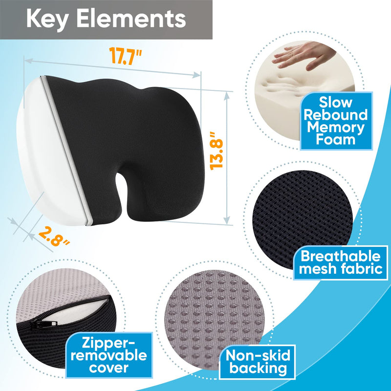 Seat Cushion Pillow for Office Chair - Memory Foam Firm Coccyx Pad - Tailbone, Sciatica, Lower Back Pain Relief - Contoured Posture Corrector for Car, Wheelchair, Computer and Desk Chair Black 1