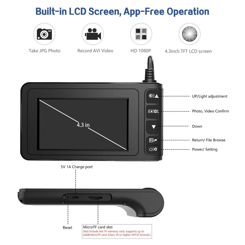 MoKo Industrial Endoscope Borescope Inspection Camera, 5M 1080P Full HD 4.3inch LCD Digital Semi-Rigid Snake Tube Waterproof Video Recording Handhold Camera with 1700mAh Battery 1.6-198inch Focus