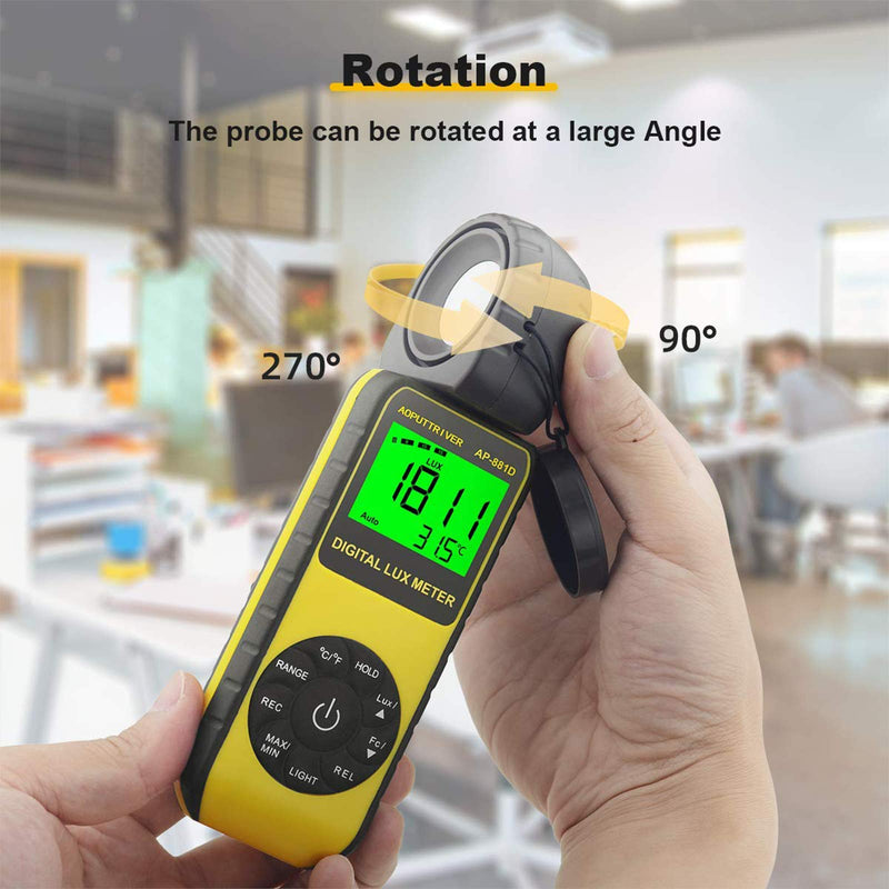 Light Meters 881D Digital Illuminance Meter Ambient Temperature Measurer with Range up to 400,000 Lux Luxmeter, Rotatable Head for 270 Degrees, Display 3999, Data Hold, Back Light, Data storag AP881D(0.01~400,000 Lux)