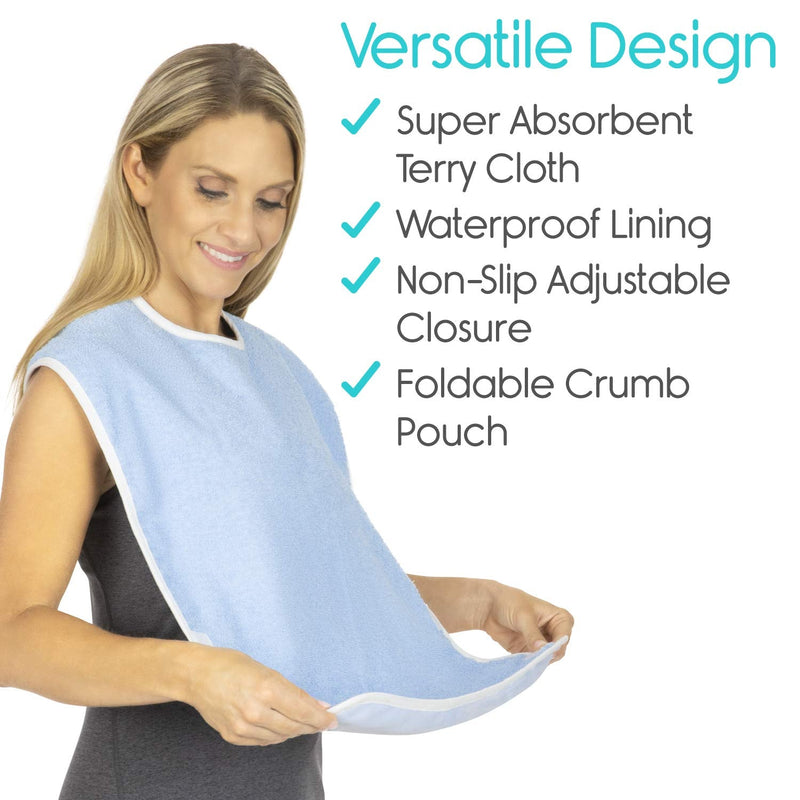 Vive Adult Bibs (2 Pack) - Waterproof Apron Set for Men, Women for Eating with Adjustable Strap - Washable Reusable Large Terry Cloth for Elderly, Seniors and Disabled - Extra Long Clothing Protector 2