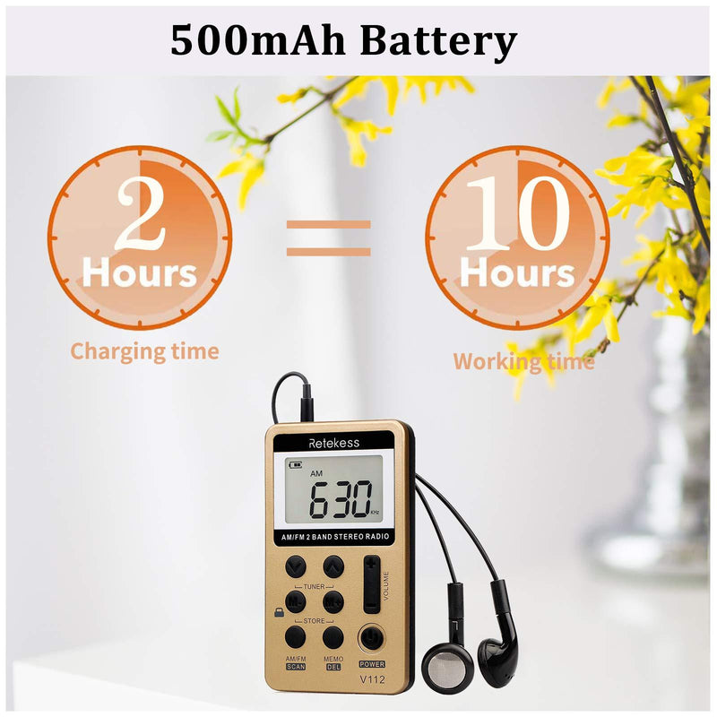 Retekess V112 AM FM Radio Portable, Mini Radio with Earphone Pocket, Digital Tuning Rechargeable Battery LCD Display for Walking Jogging(Gold) Gold