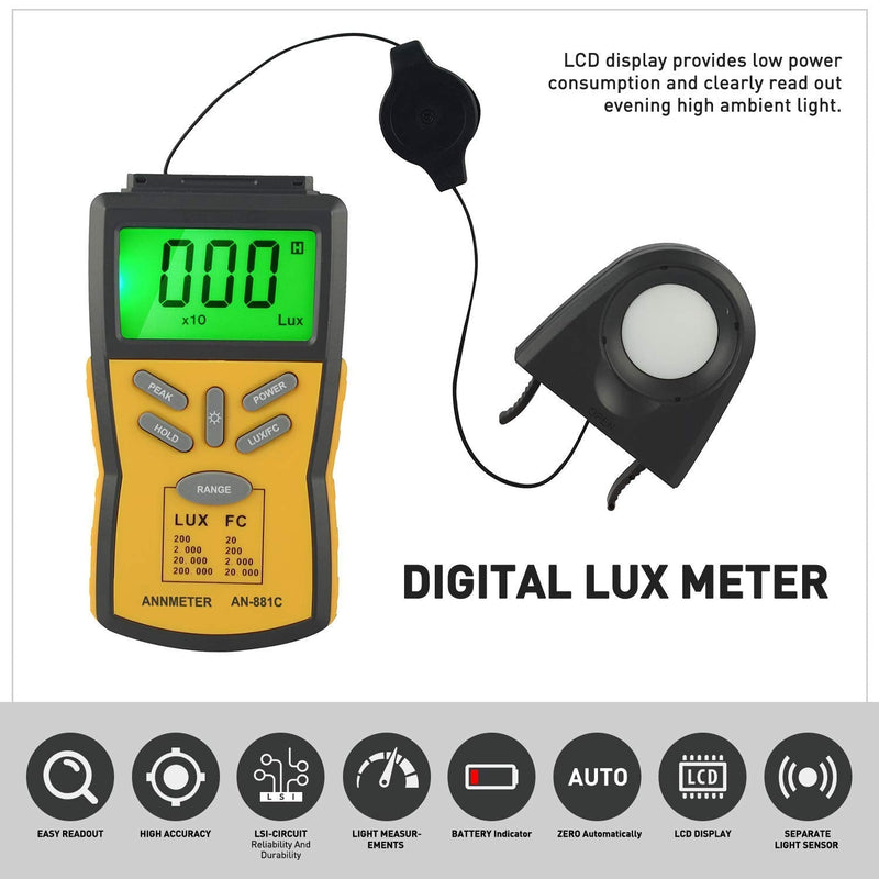 ANNMETER AN-881C Digital Illuminance Meter, Lux Meter with 0.1~200,000 Lux (0.01~20,000FC) Measuring Ranges, Light Meter for Plants and Photography, Lumen Meter with Data Hold and Back Light AI-881C Illuminance meter Range 0.1~200,000Lux