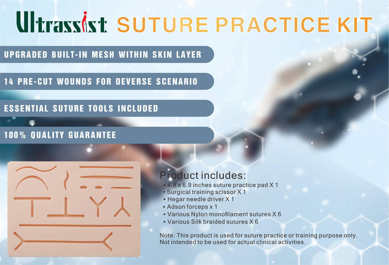 Suture Kit for Suture Training, Silicone Stitching Pad with Durable Embedded Mesh, Includes Suture Tools Kit & Various Suture Threads and Needles, Practice Suture Training Kit (Education Use Only)