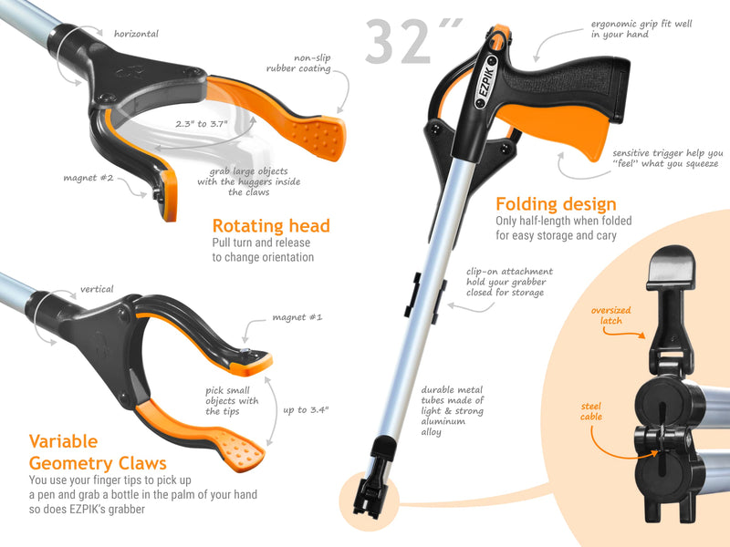 EZPIK Folding Litter Picker Grabber 32 inch with Magnets - Grabbing Stick to Pick Up Trash ~ Grabbers and Pickers Heavy Duty - Reachers for Seniors with Rotating Grippers for Reaching Tight Places 32 (M)