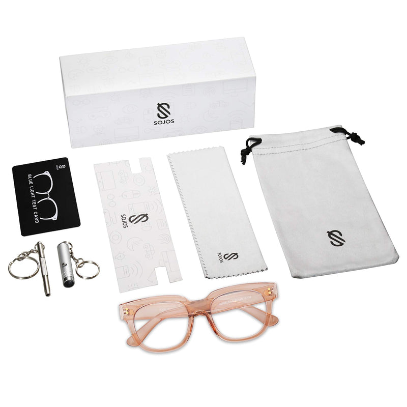 SOJOS Oversized Square Anti Blue Light Blocking Glasses for Women Thick Computer Eyeglasses Double Metal Studs SJ5053 C03 Crystal Pink Frame Anti-Blue Light Lens