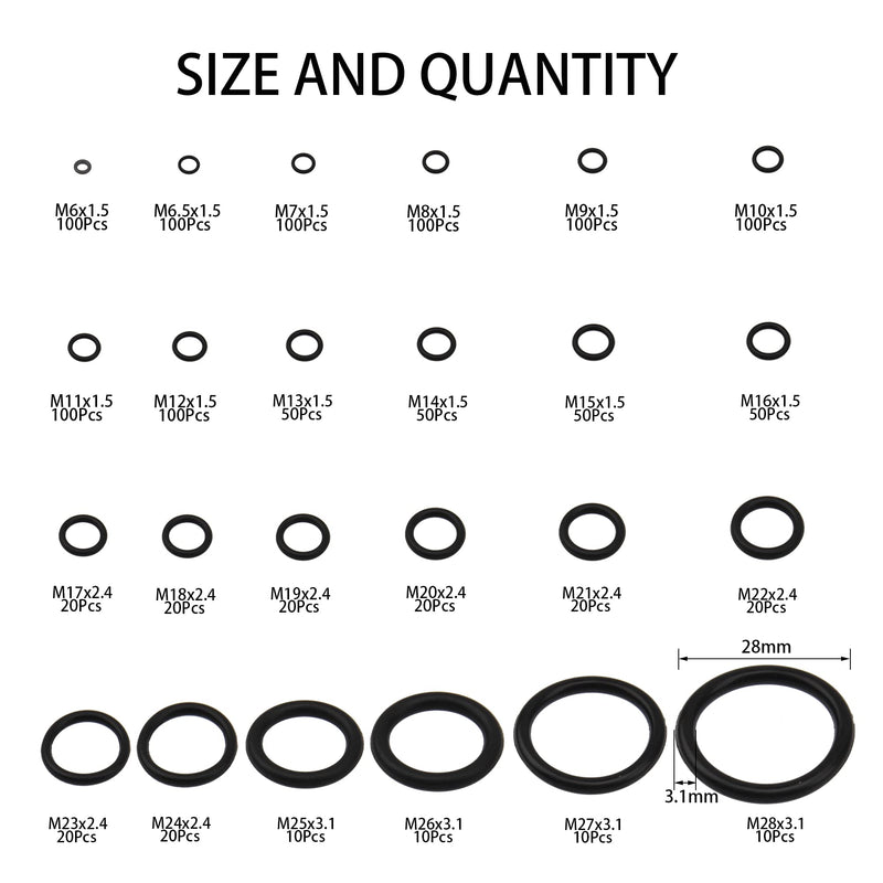 Rrina 1200Pcs Nitrile Rubber NBR O Ring Gasket Ring Assortment Kits Metric O-Ring Sealing Washer for Faucet Tap Plumbing and Automotive Repair OD 6mm-28mm Thickness 1.5mm 2.4mm 3.1mm
