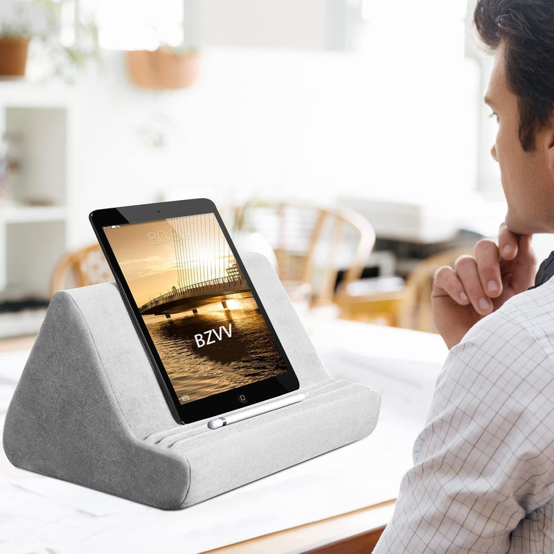 Soft Tablet Stand Pillow with Pocket,Tablet Cushion Stand,Adjustable 3 Viewing Angle,Lazy Holder Stand for Bed Sofa,Compatible with iPads Tablets eReaders Smartphones Books Magazines (Grey) Grey