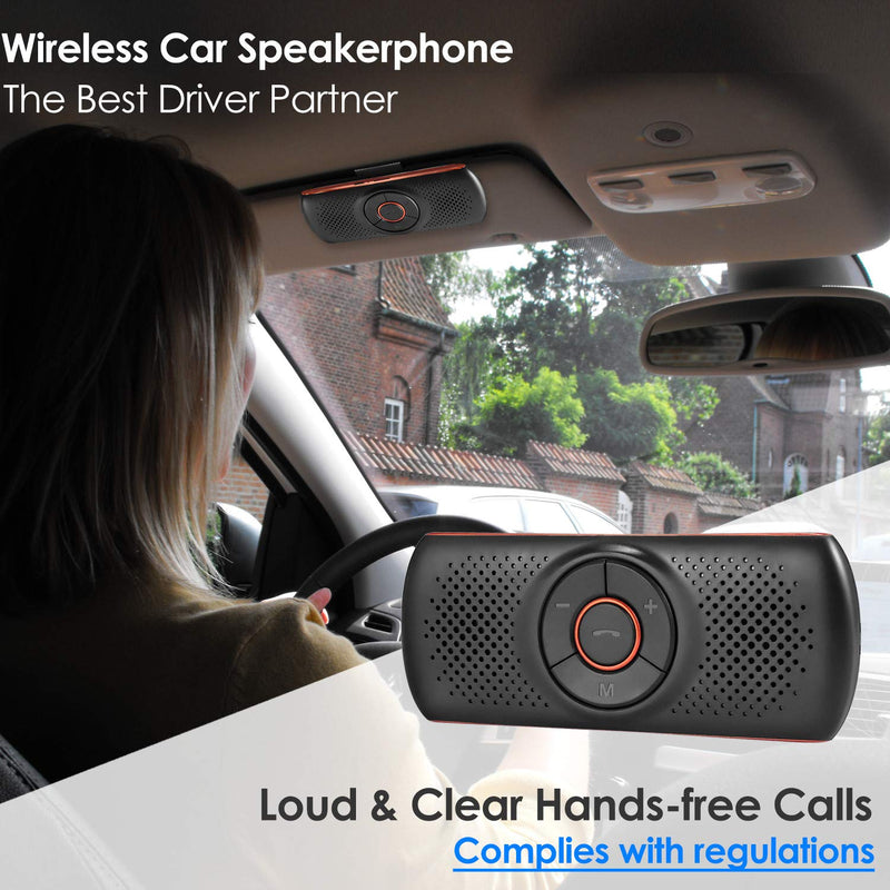 Bluetooth Visor Clip Car Speaker,TIANSHILI Wireless Handsfree Speakerphones, Stereo Sound Enhanced Bass/Built-in Mic/TF Card Player/Google Assistant Voice Command Portable Speakers Orange