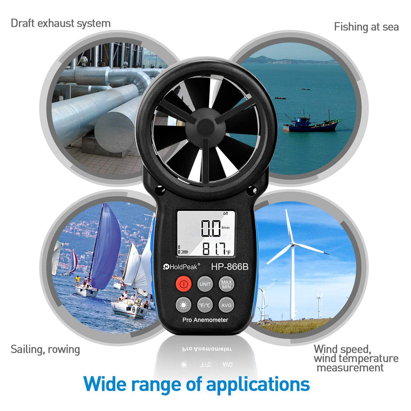 Holdpeak HP-866B 2Pcs Digital Anemometer Handheld LCD Wind Speed Meter Measuring Wind Speed, Temperature Wind Chill Backlight Max/Min Data 2Pcs 866B Anemometer