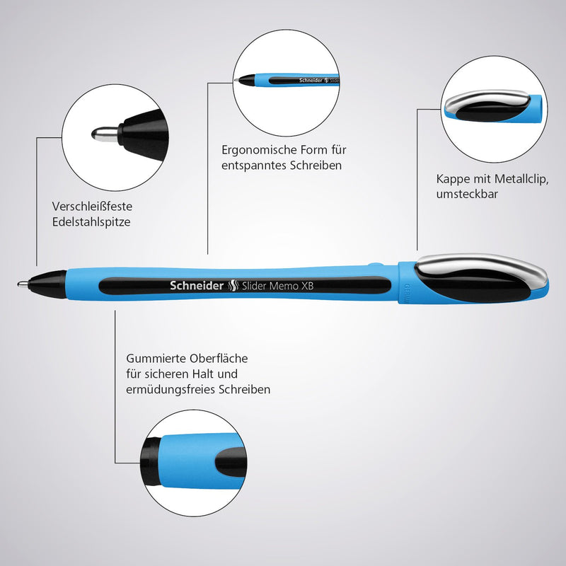 Schneider Slider Memo XB Ballpoint Pen, 3-Pack, Black/Blue/Red (150293) Pack of 3