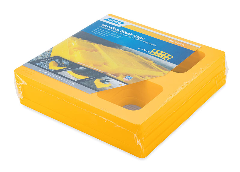 Camco Durable Leveling Block Caps - Securely Fits on Top of Your Leveling Blocks to Create An Even Surface Without Increasing Stack Height - 4 Pack (44500) , Yellow Leveling Block Caps - 4 Pack Standard Packaging