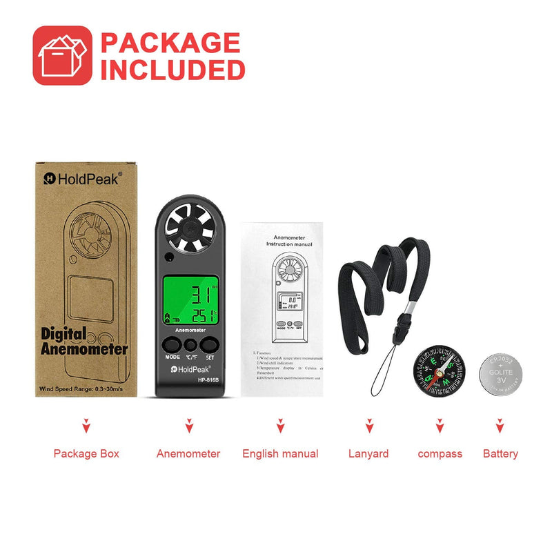 HOLDPEAK HP-816B Anemometer Handheld Wind Speed Meter Gauge Air Flow Velocity Measurement with Wind Chill Indication and Backlight for Windsurfing Kite Flying Shooting (Gift : Compass) 2-HP-816B w/ Leather case
